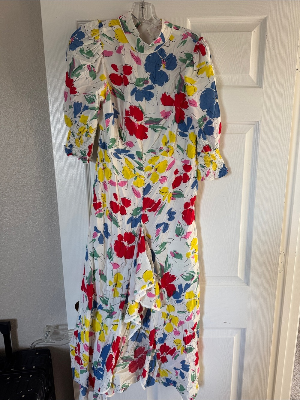 RIXO White Maxi Dress with Red, Blue, Yellow & Pink Floral Print